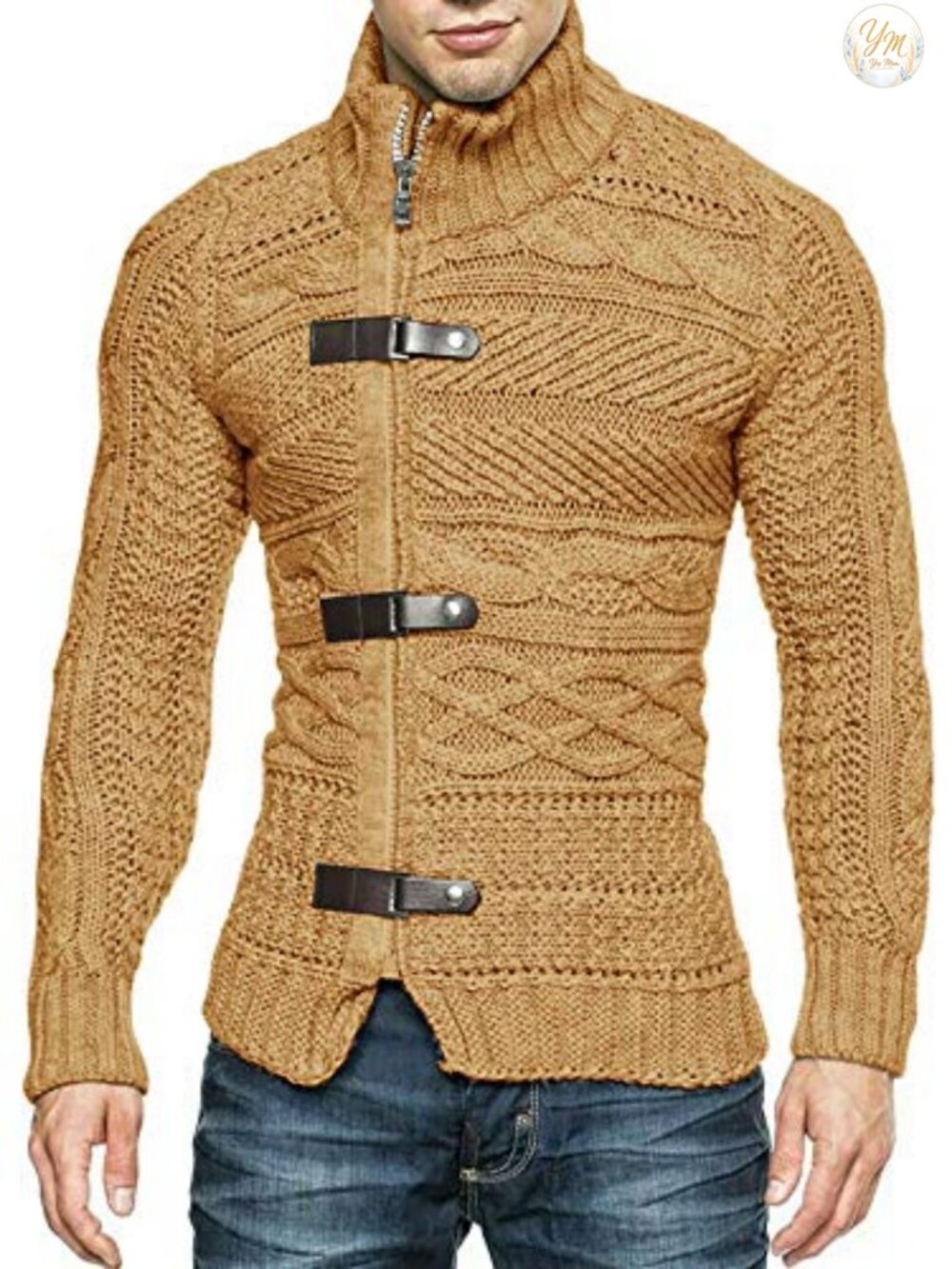 Men's Cable Knit Cardigan Sweater Zip Button Front Long Sleeve